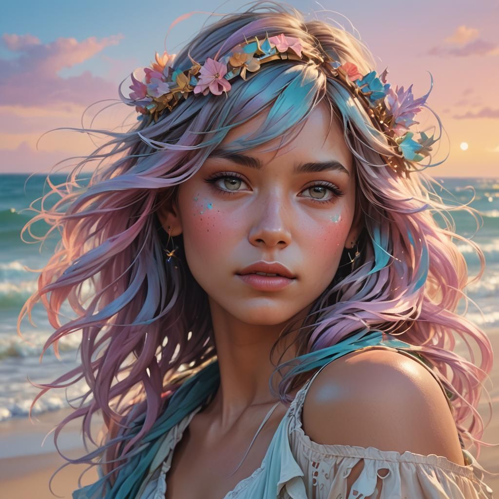 Pastel Portrait on a Beach, Digital Art
