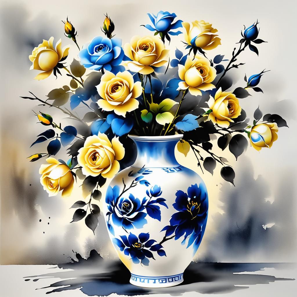Chinese Ink Painting of Yellow and Blue Roses