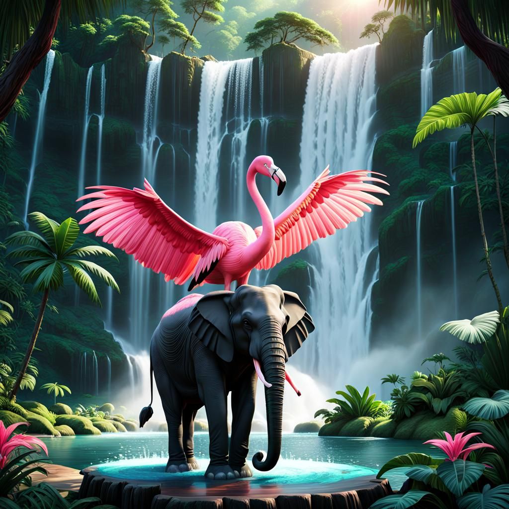 Elephant and Flamingo in Tropical Landscape, 3D Render