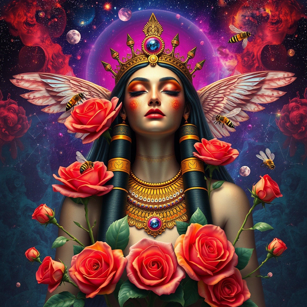 Egyptian Goddess in Dreamlike Dali Landscape with Bees and R...