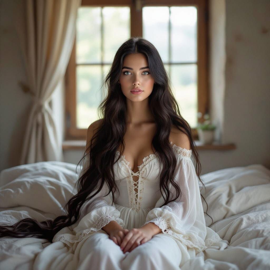 Medieval Woman in Sunlit Room, Art Nouveau Style