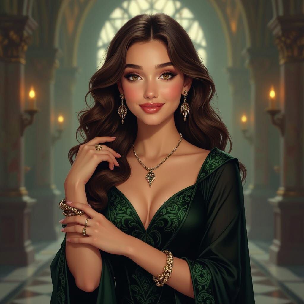 Elegant Woman in Hogwarts, Alphonse Mucha Style