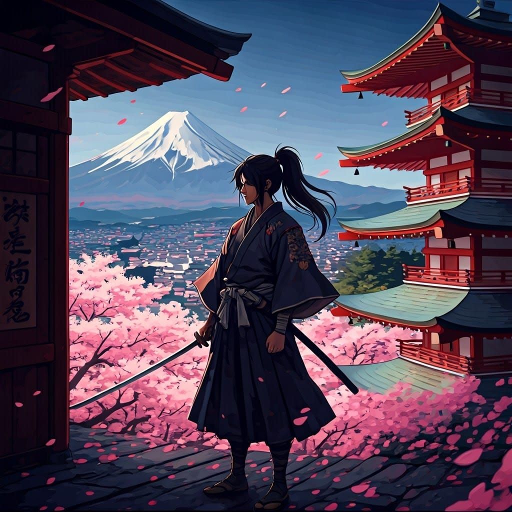 Samurai Warrior in Cherry Blossom Storm, Ink Print Style
