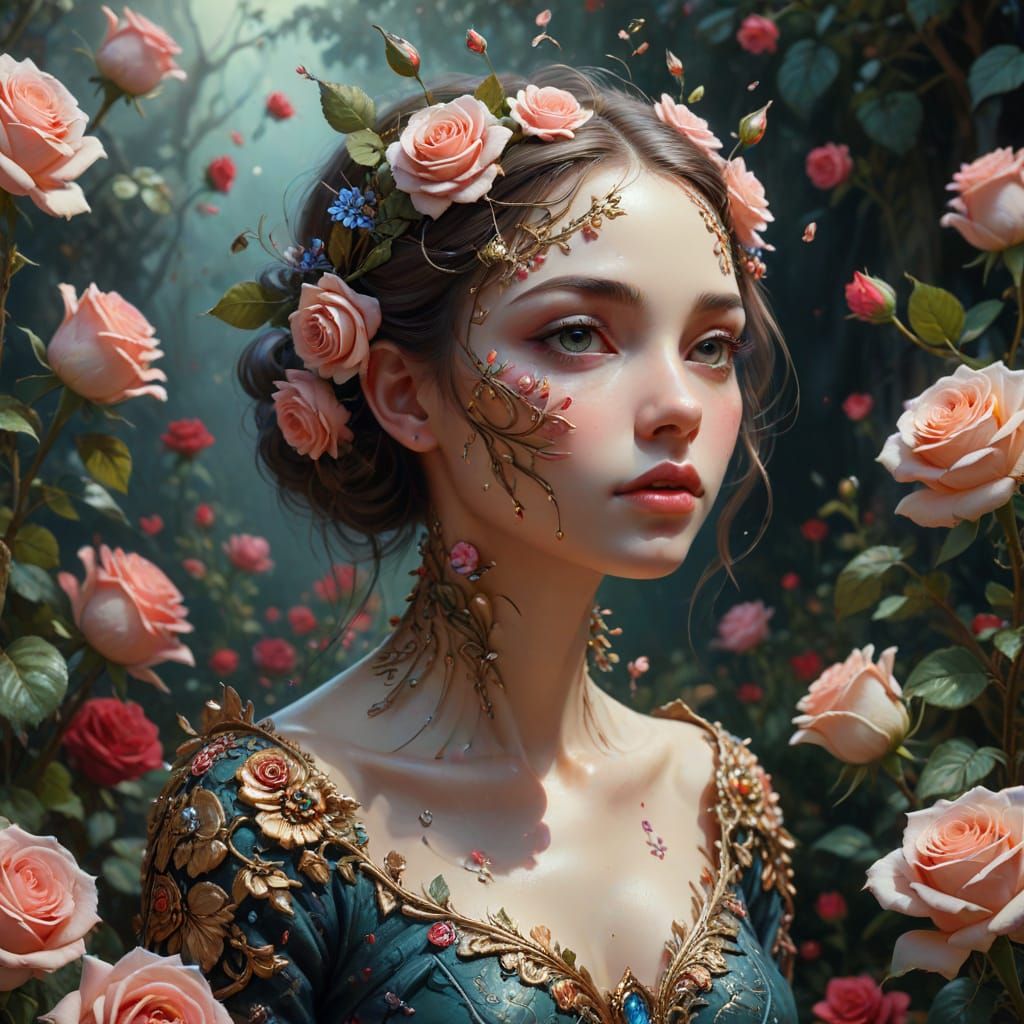 Surreal Oil Painting of a Little Creature in a Rose Wonderla...