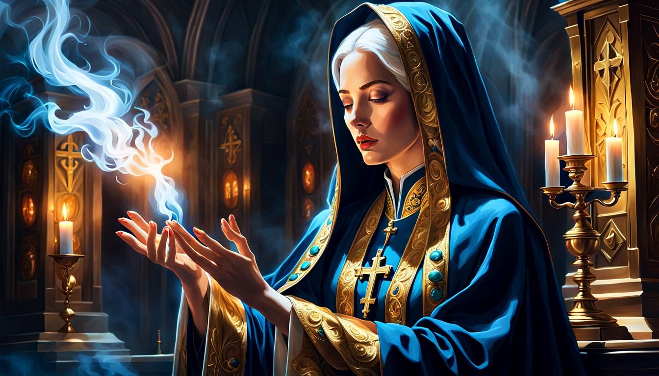 Priestess Casting Holy Magic in Baroque Style