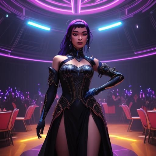 Neon Lit Ballroom Scene with Dancing Woman