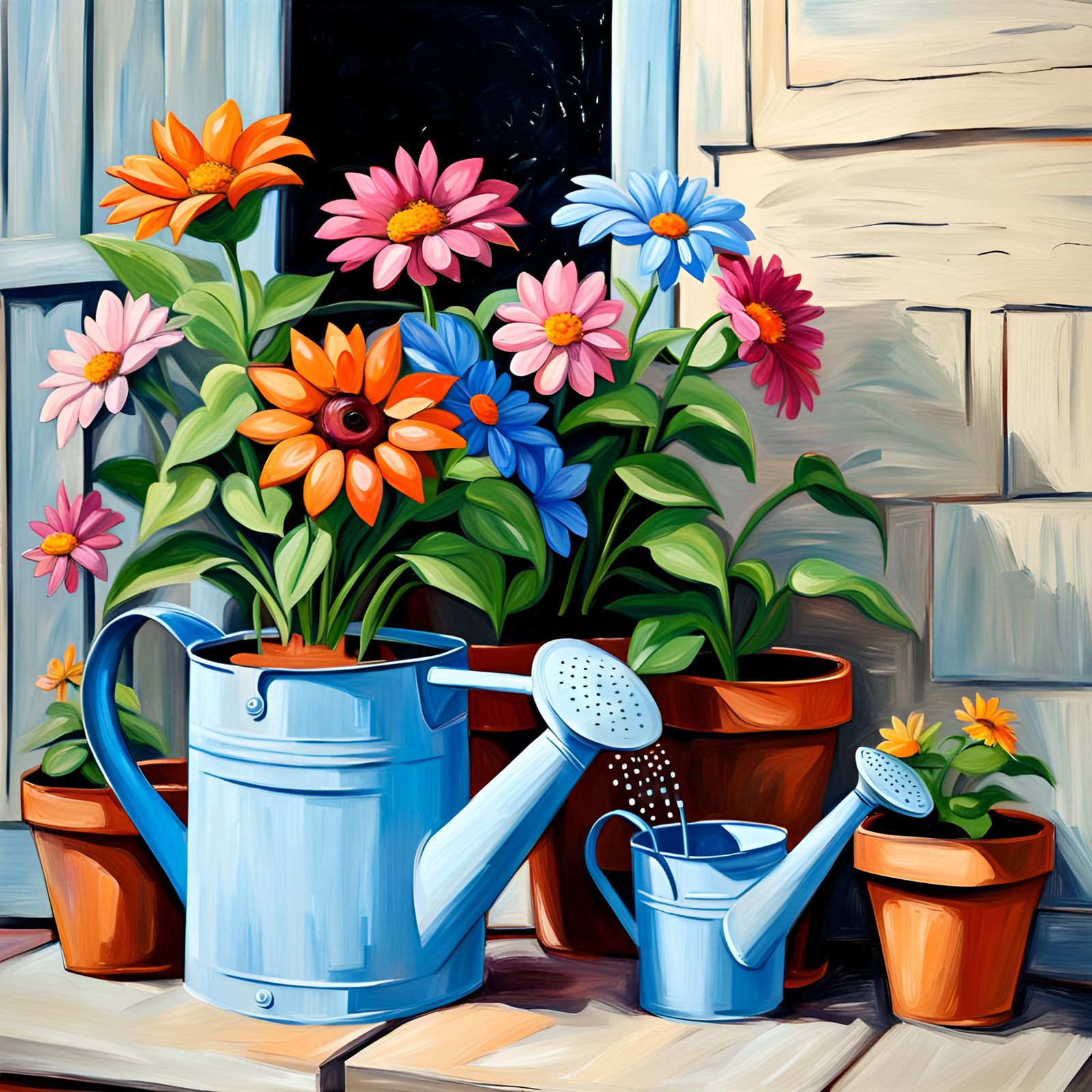 Watering Can and Flower Pots as Impasto Painting