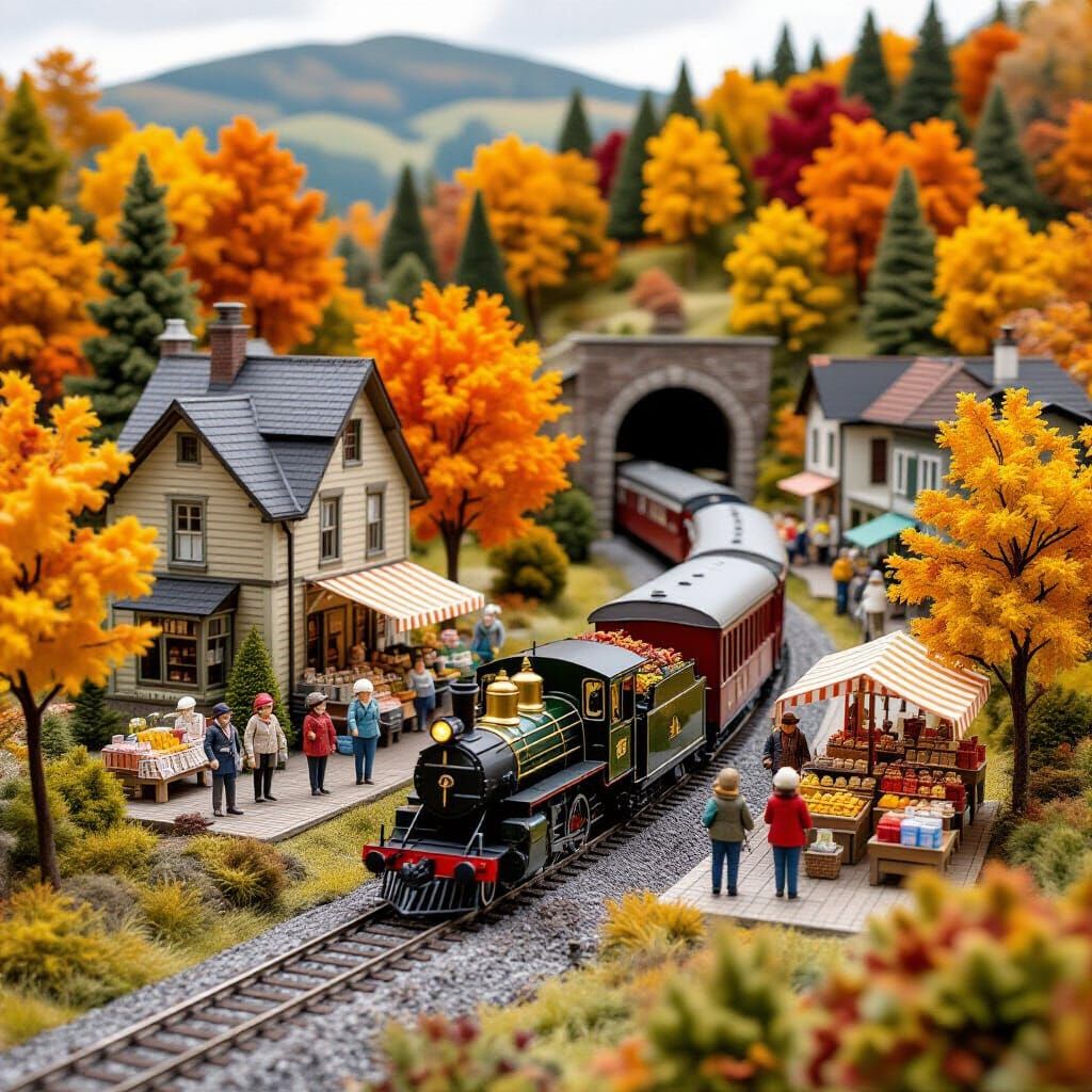 Autumn Model Railway Village with Train and Tunnels