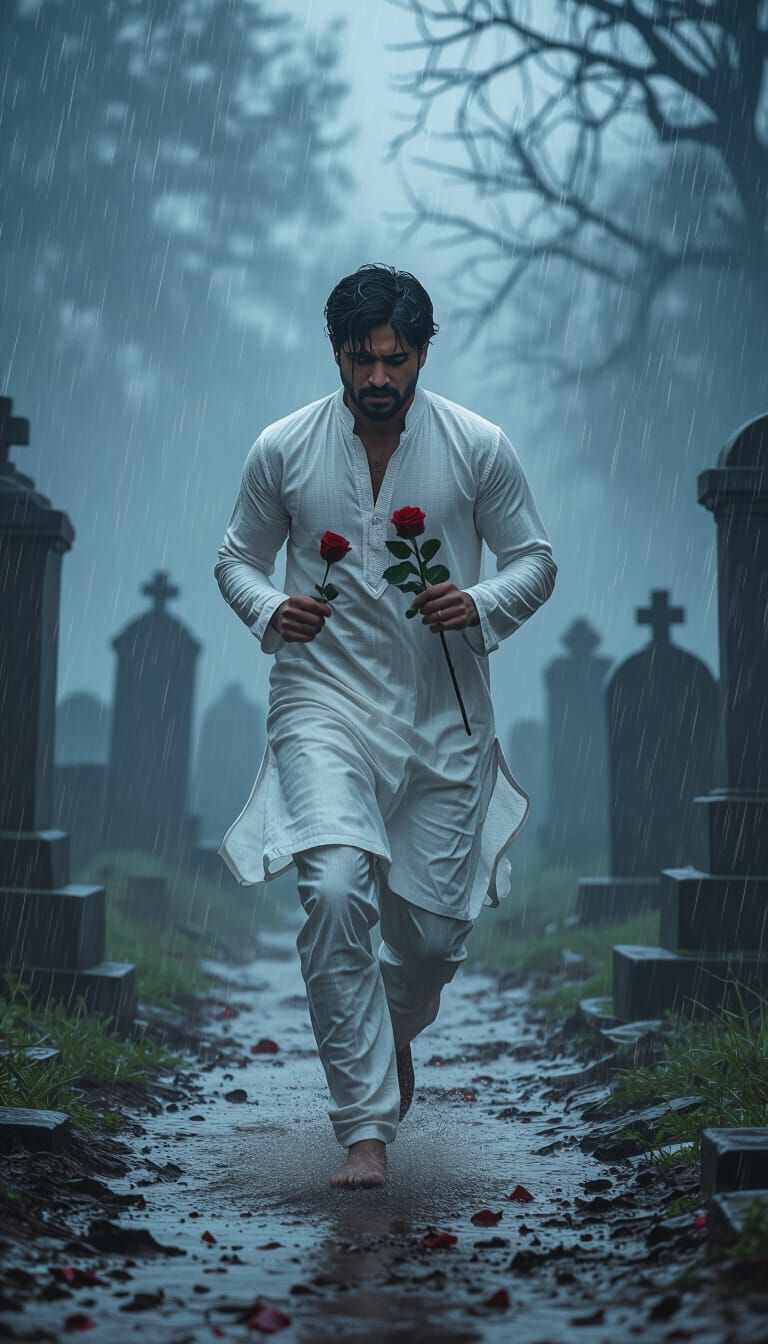 Heartbroken Man Runs Through Rainy Graveyard at Dusk