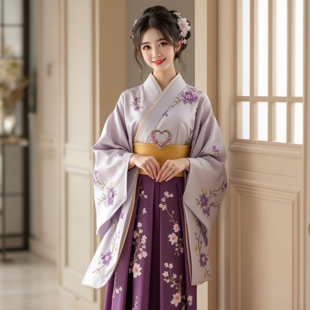 A young woman, hyperrealistic, in a traditional Japanese graduation kimono.  Light lavender/lilac kimono with embroidere...