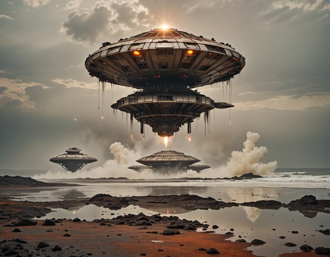 Crashed Alien Spaceship at Sunrise