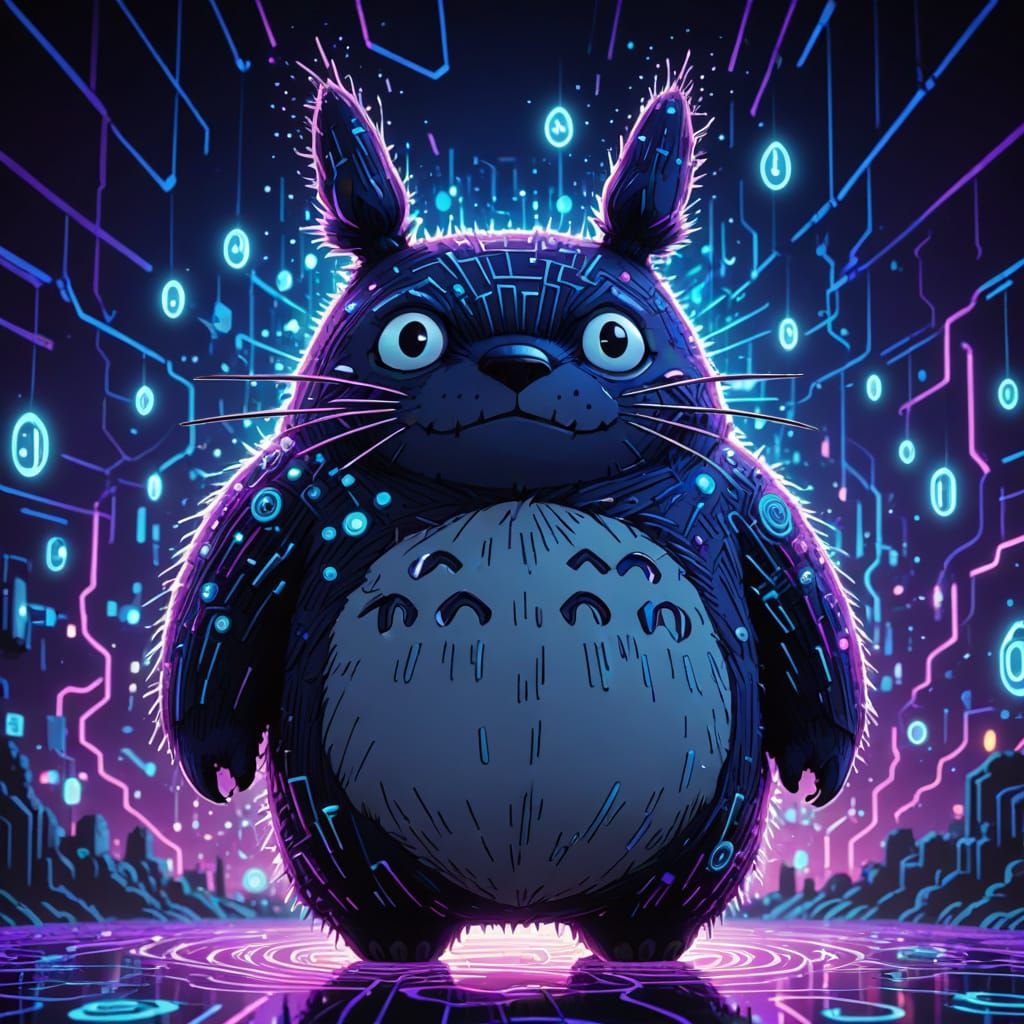 Totoro in Cyberspace: Neon-Lit Digital Art
