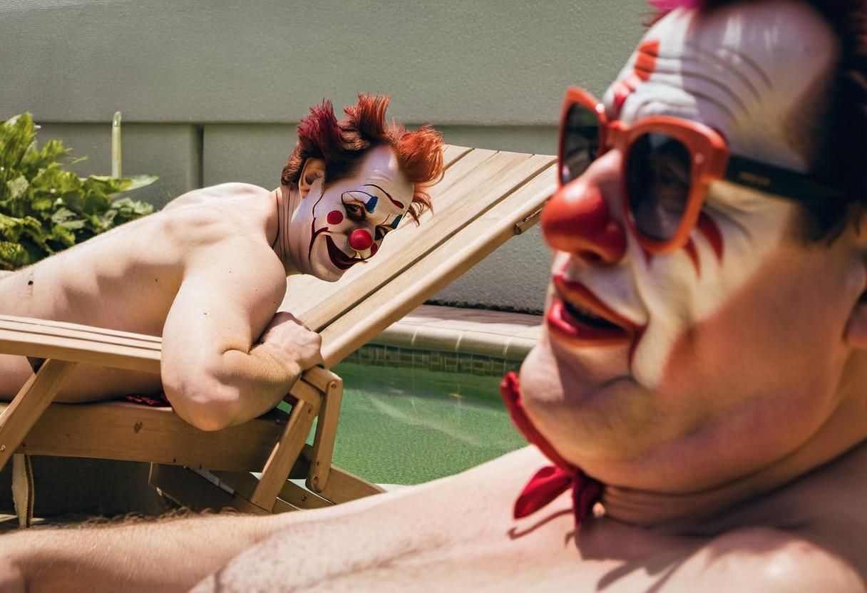 Two clowns by the pool getting some sun