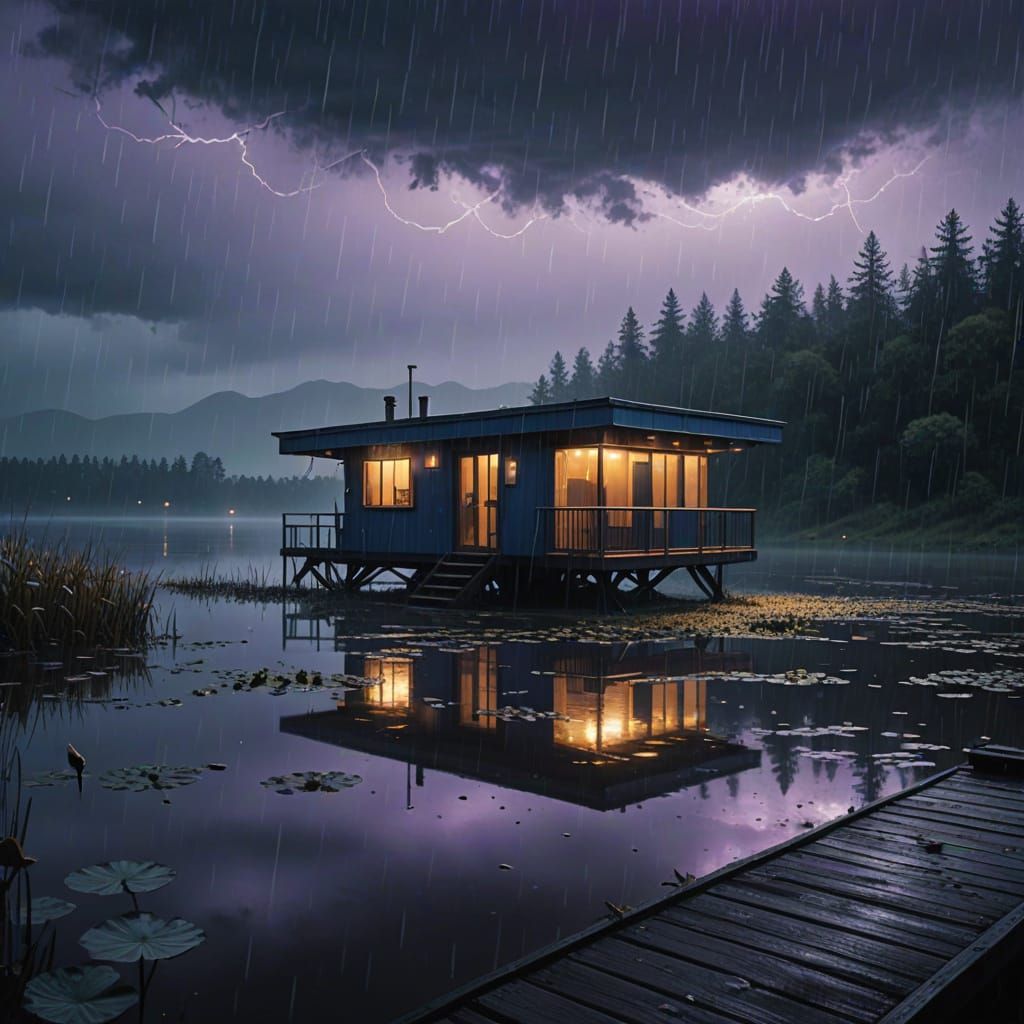 Moody Cabin Retreat in Futuristic Rainy Landscape
