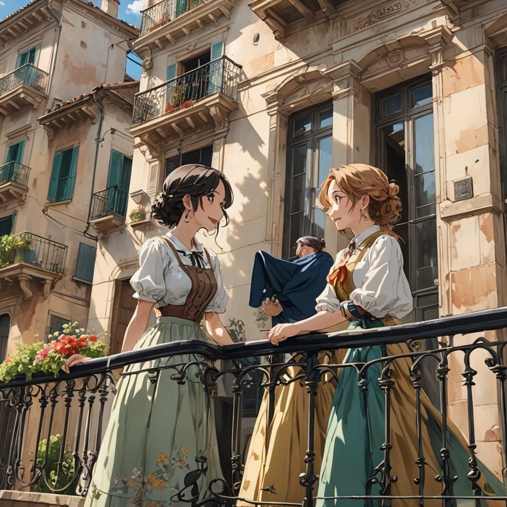 Two Italian Women Balcony Scene in Anime Style