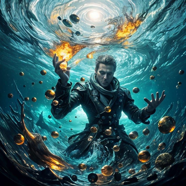 Underwater Man Holding a Ball of Fire