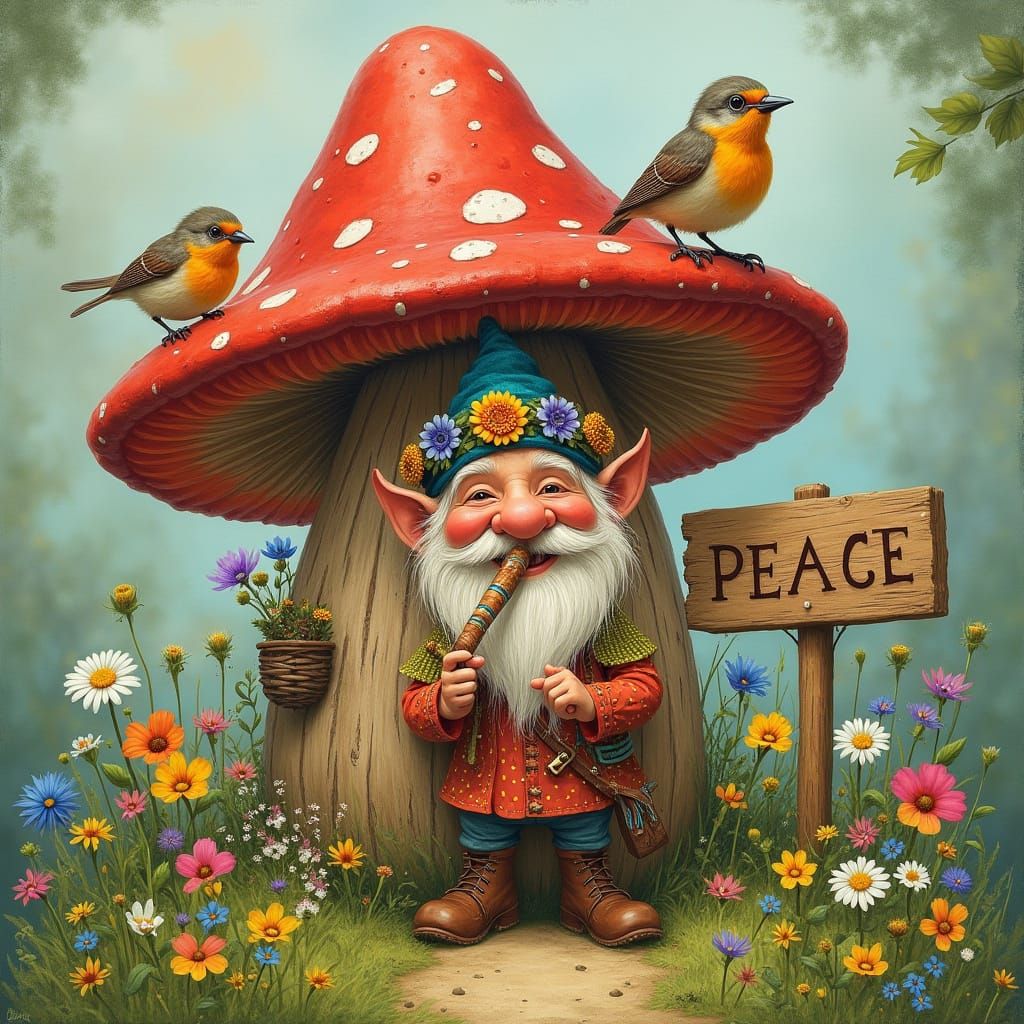 Whimsical Gnome's Mushroom House in Folkloric Style
