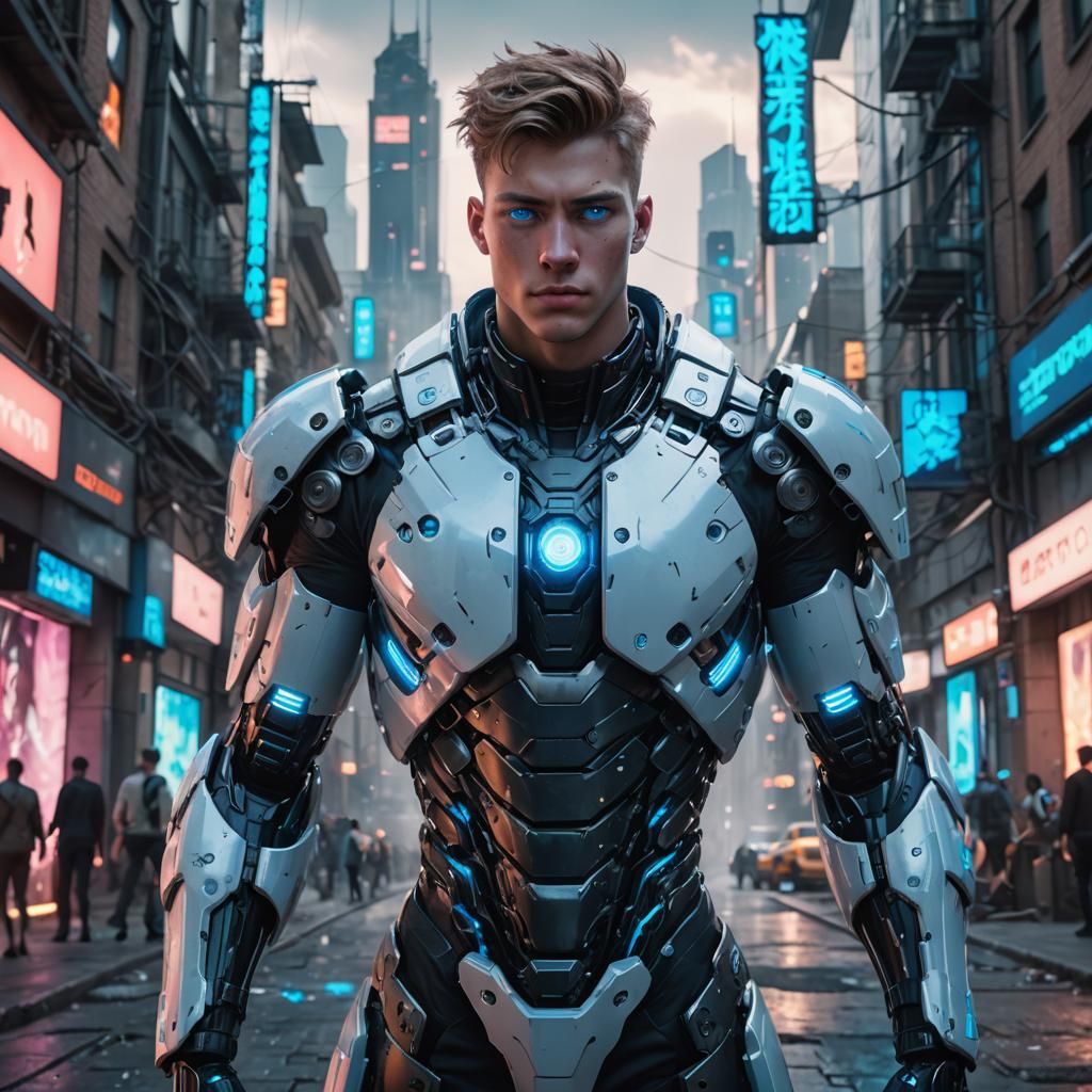 Handsome Cyborg in Cyberpunk City with Glowing Eyes