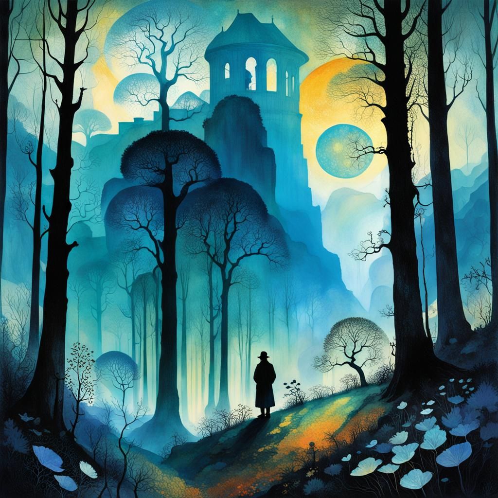 Ethereal Double Exposure Landscape in Bioluminescent Colors