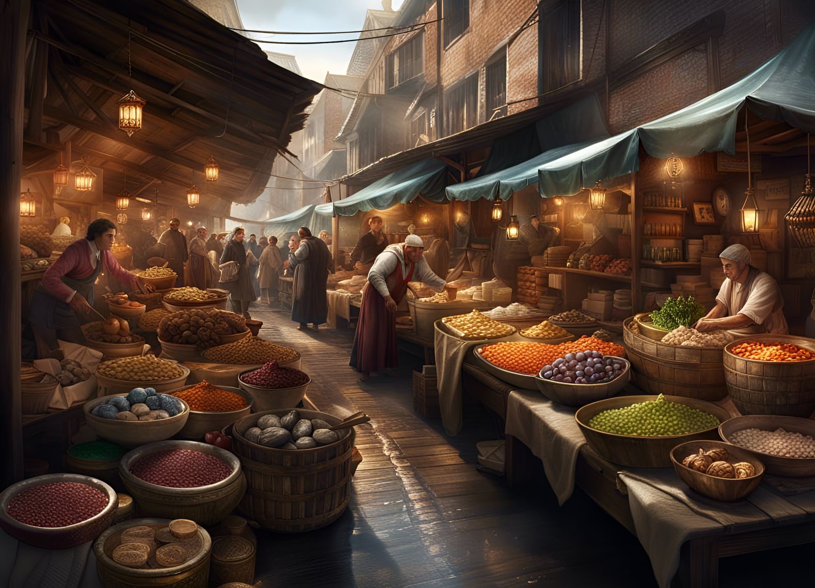 Hyperrealistic Medieval Riverside Bazaar in HDR