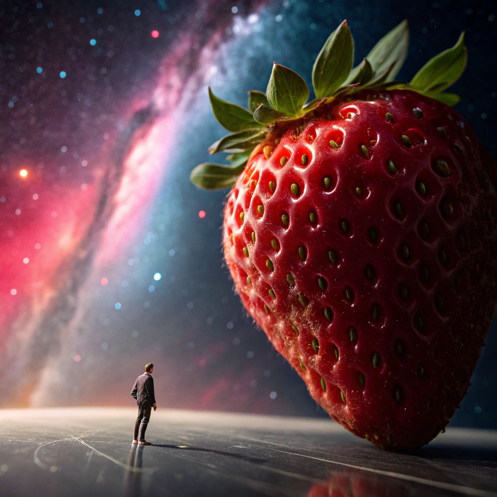 Surreal Strawberry in Space with Tiny Human, 3D Render