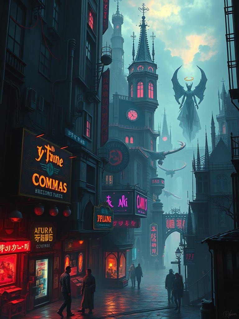 Dark Fantasy Metropolis with Neon Demon Markets