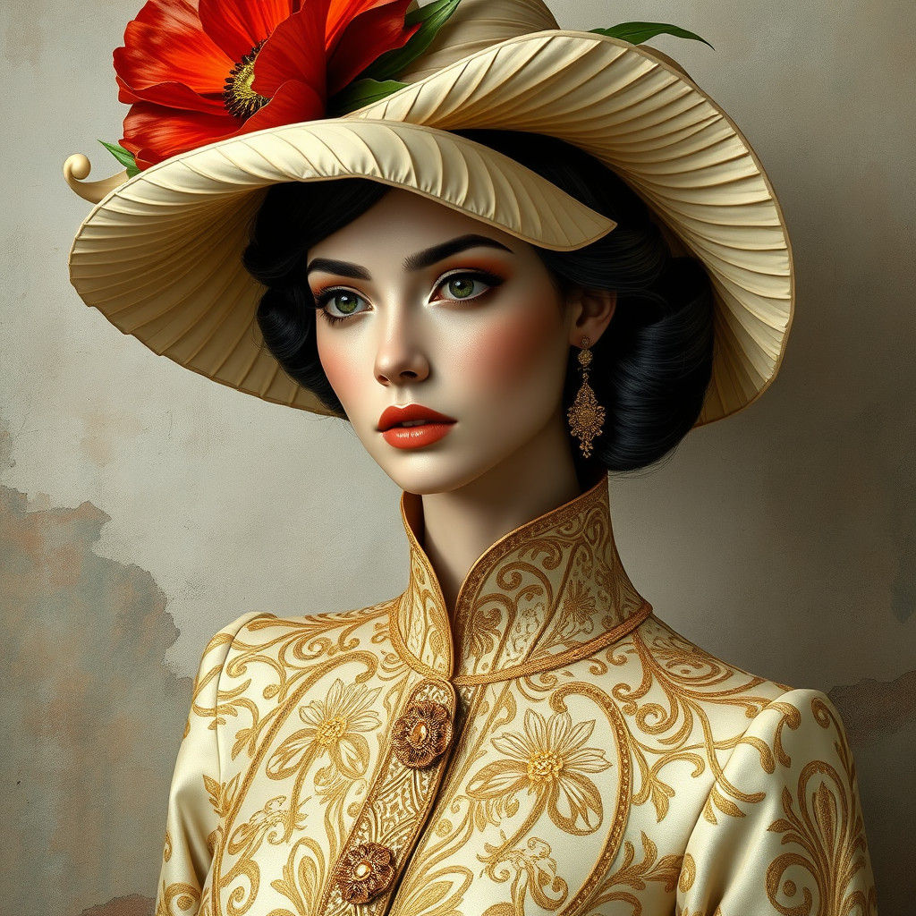 Elegant Woman with Poppy Hat in 3D Art Deco Style