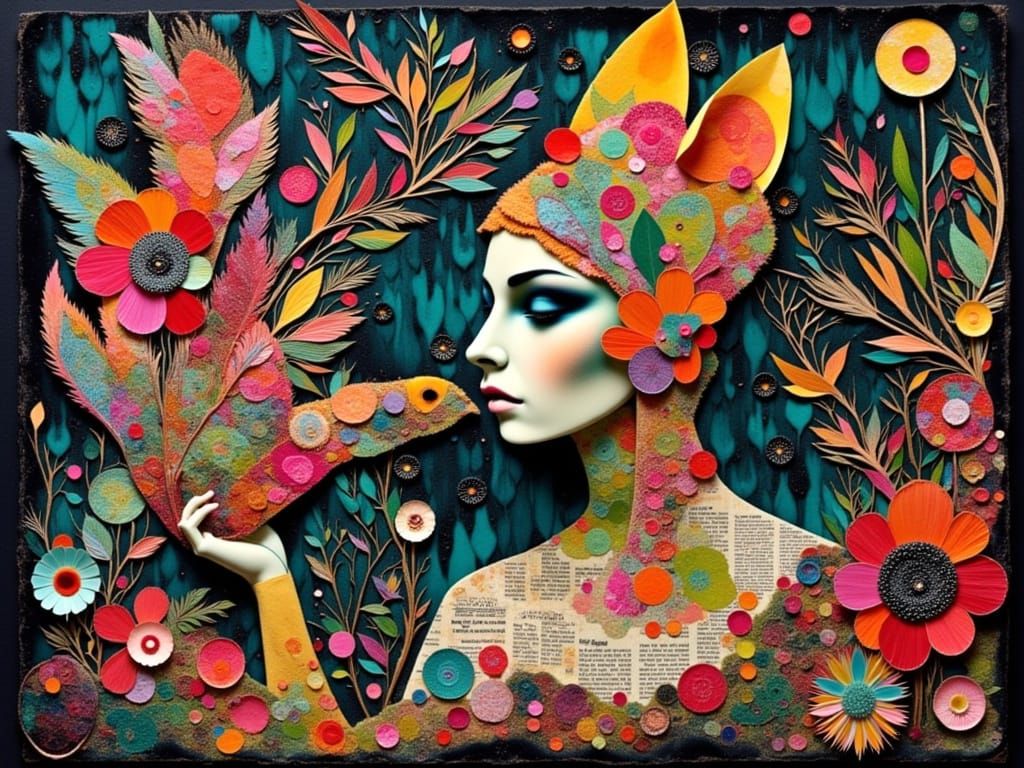 Surreal Mixed-Media Collage of Rainbow Animals