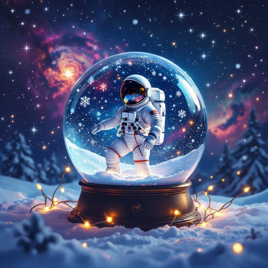 Astronaut in Snow Globe Under Starry Sky