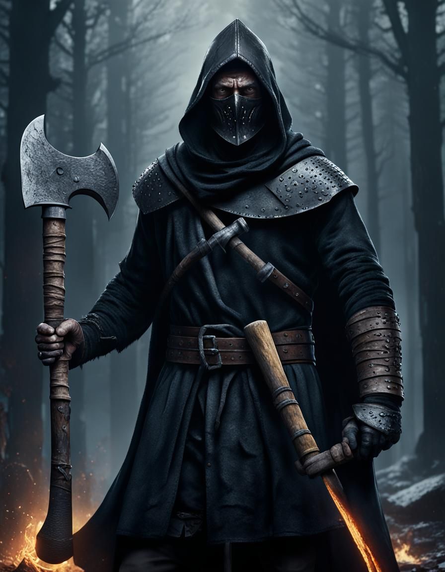 bare chested medieval executioner wearing a black hood holding a headsmen's axe