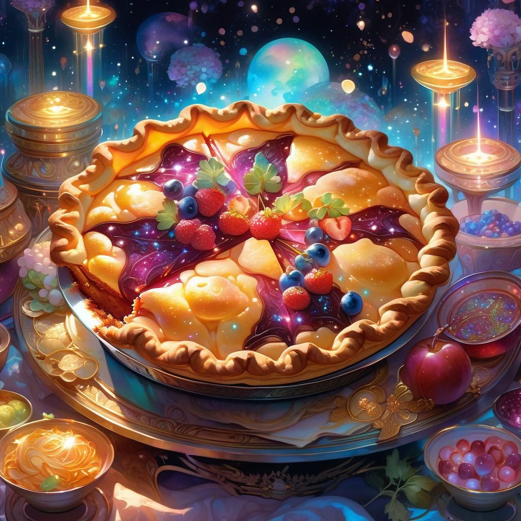 Delicious Pie with Glowing Sparkles in Watercolor Style
