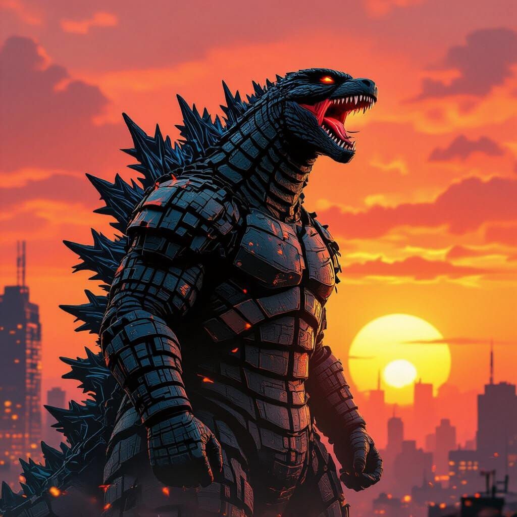 Godzilla Roaring at Sunrise in Industrial Armor