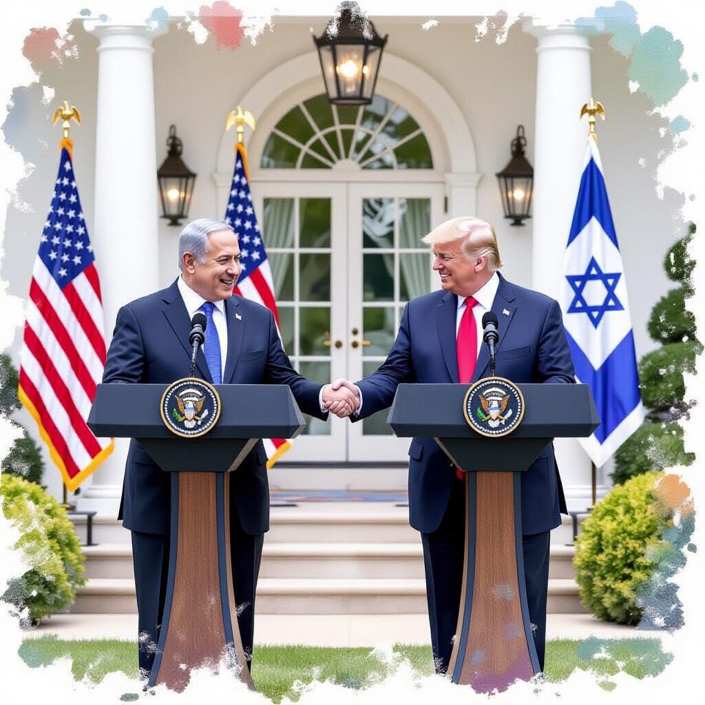 Netanyahu and Trump in Rose Garden, Watercolor Style