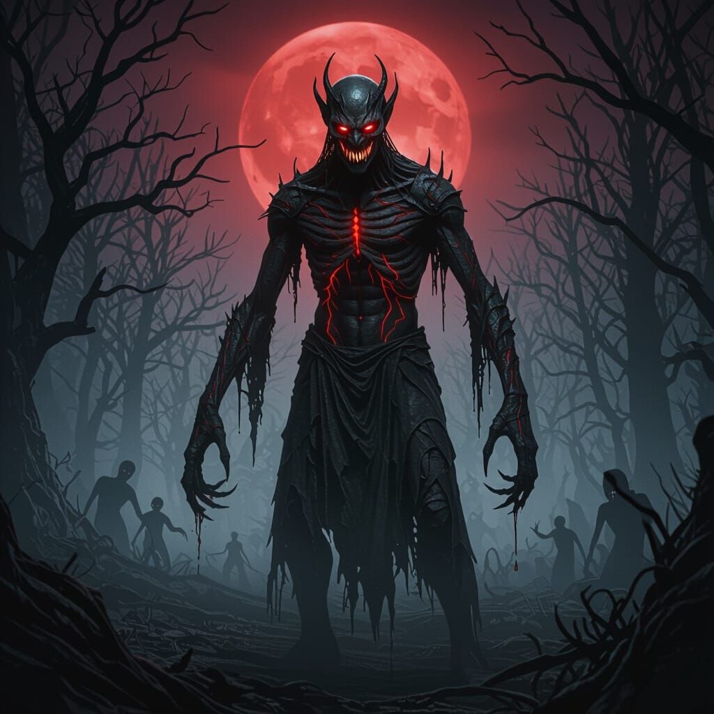 Demonic Figure in Crimson Moonlit Forest