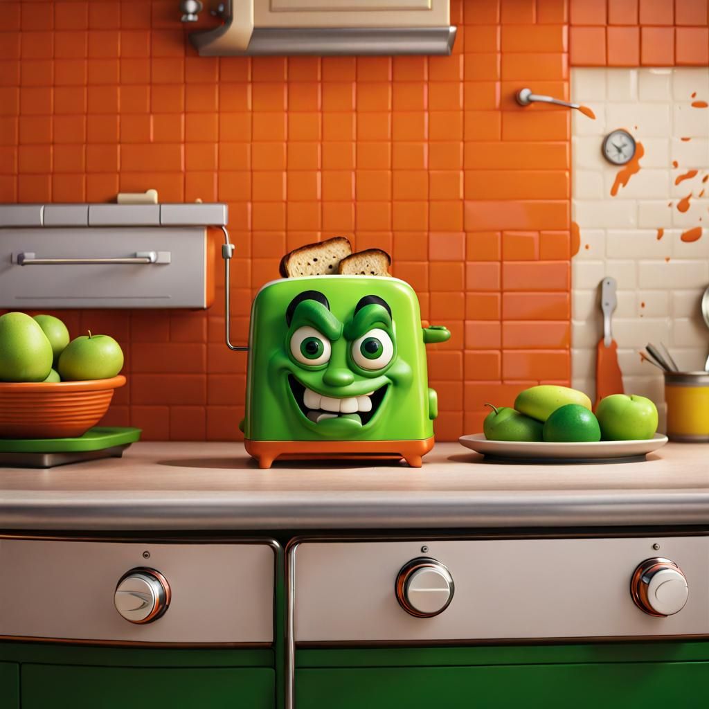 Menacing Toaster in 1970s Kitchen, Pixar Style