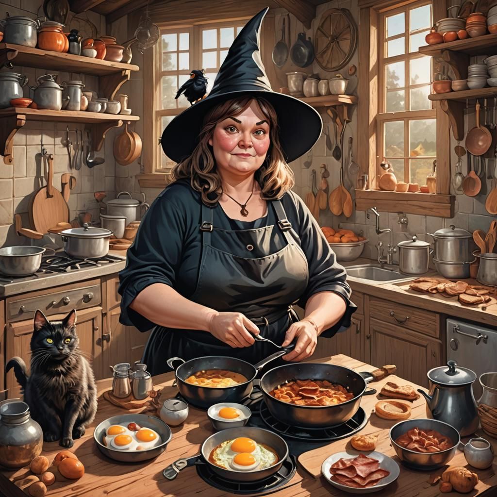 Whimsical Witch Cooks Breakfast: 3D Digital Art