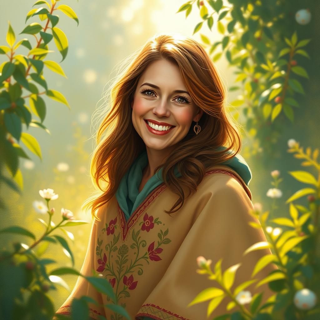 Woman with Golden Smile in Impressionist Landscape