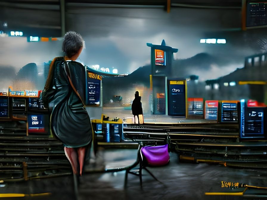 Woman at Train Station in Cyberpunk Style