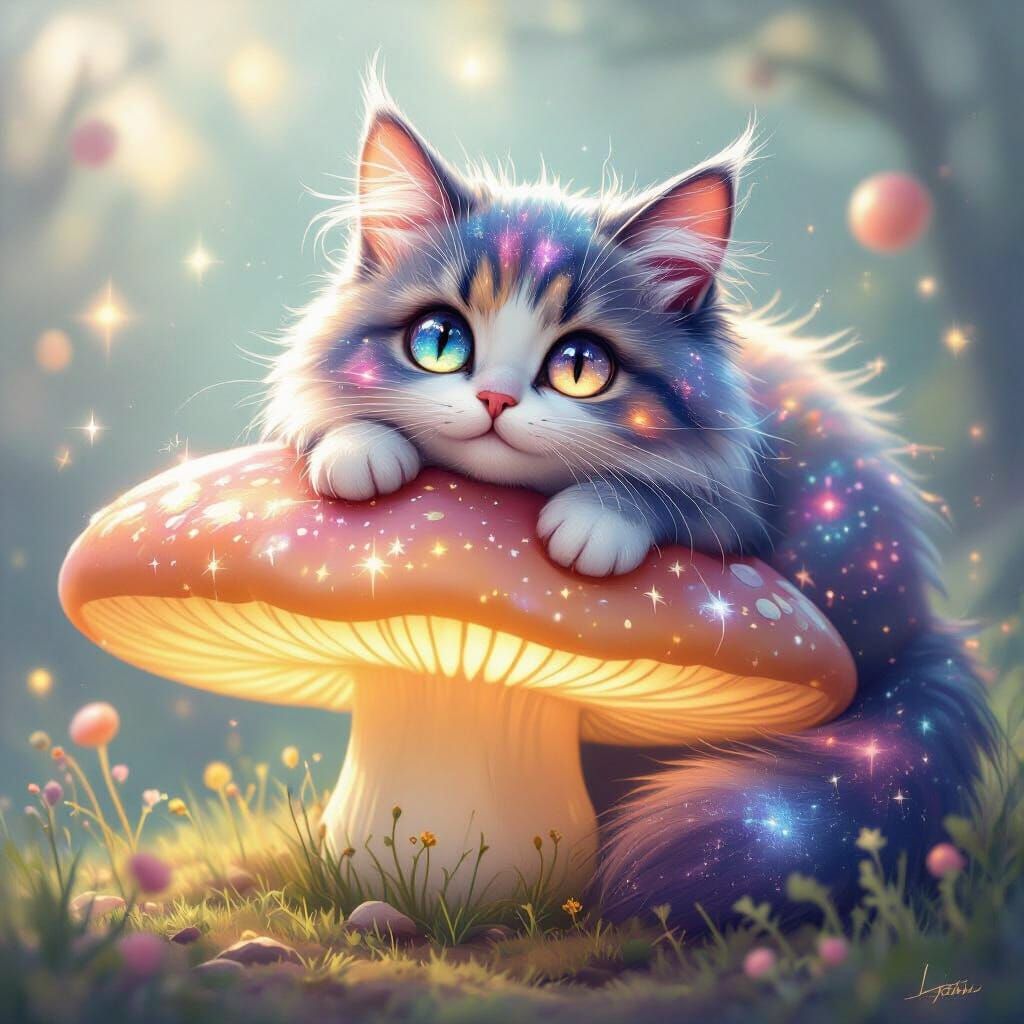 Galaxy Cat on Glowing Mushroom, Surreal Fantasy Art
