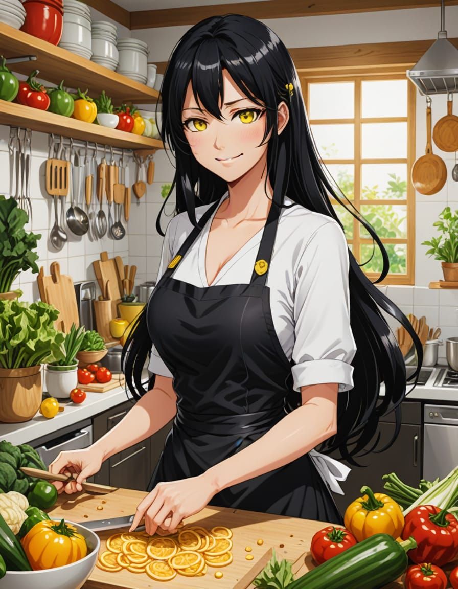 Woman Cutting Vegetables in Anime Style Kitchen