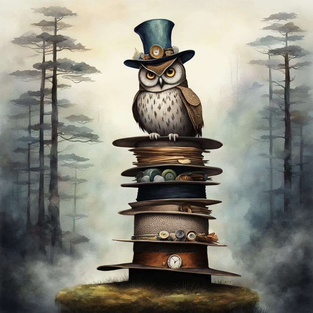 Clockwork Owl on Antique Hats in Misty Forest Watercolor