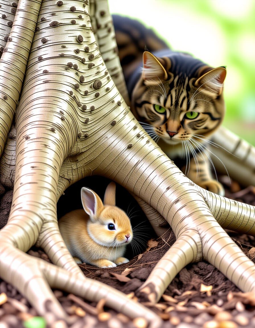 Scared Baby Bunny Hiding From Giant Cat