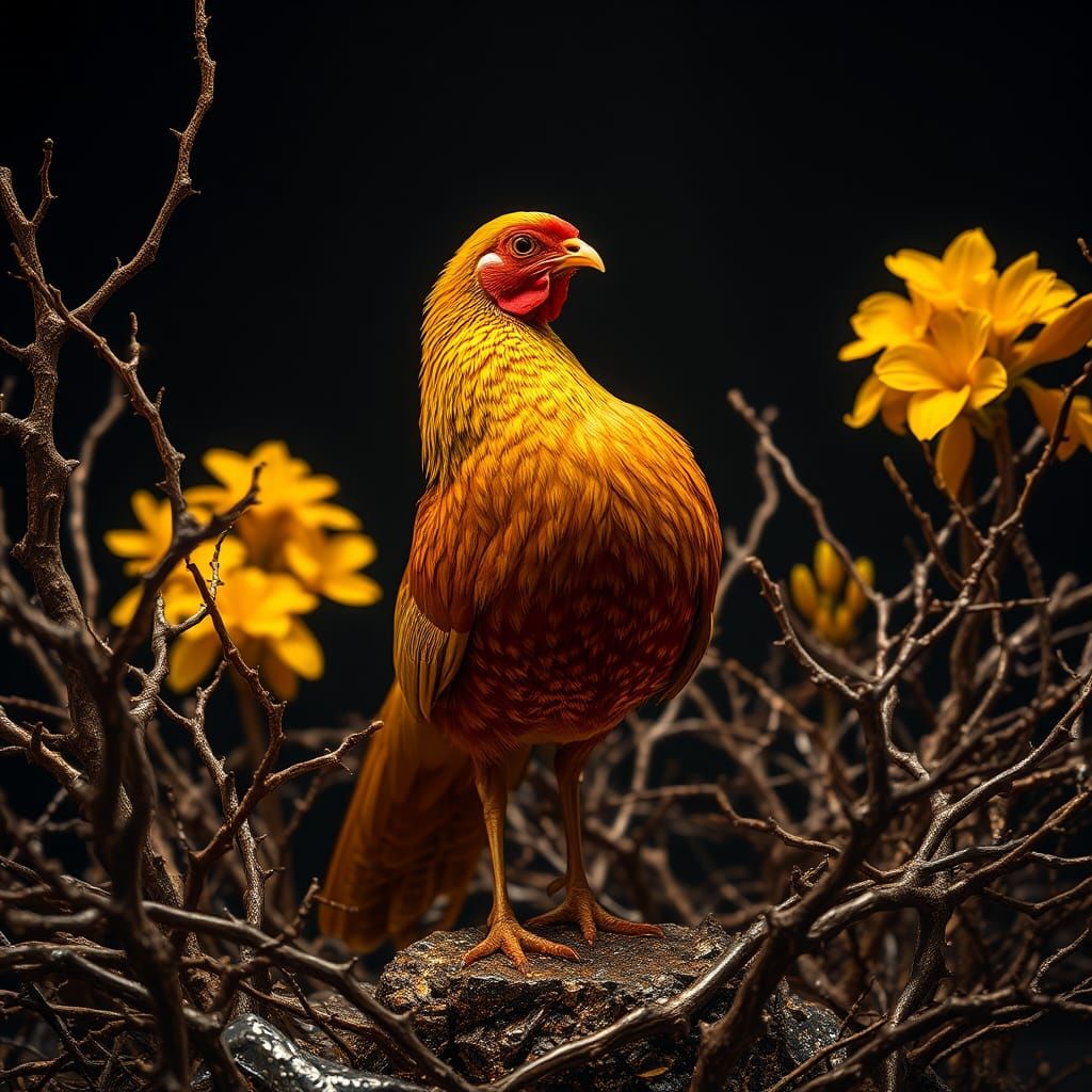 Golden Pheasant in Dark Yellow, Impasto Painting