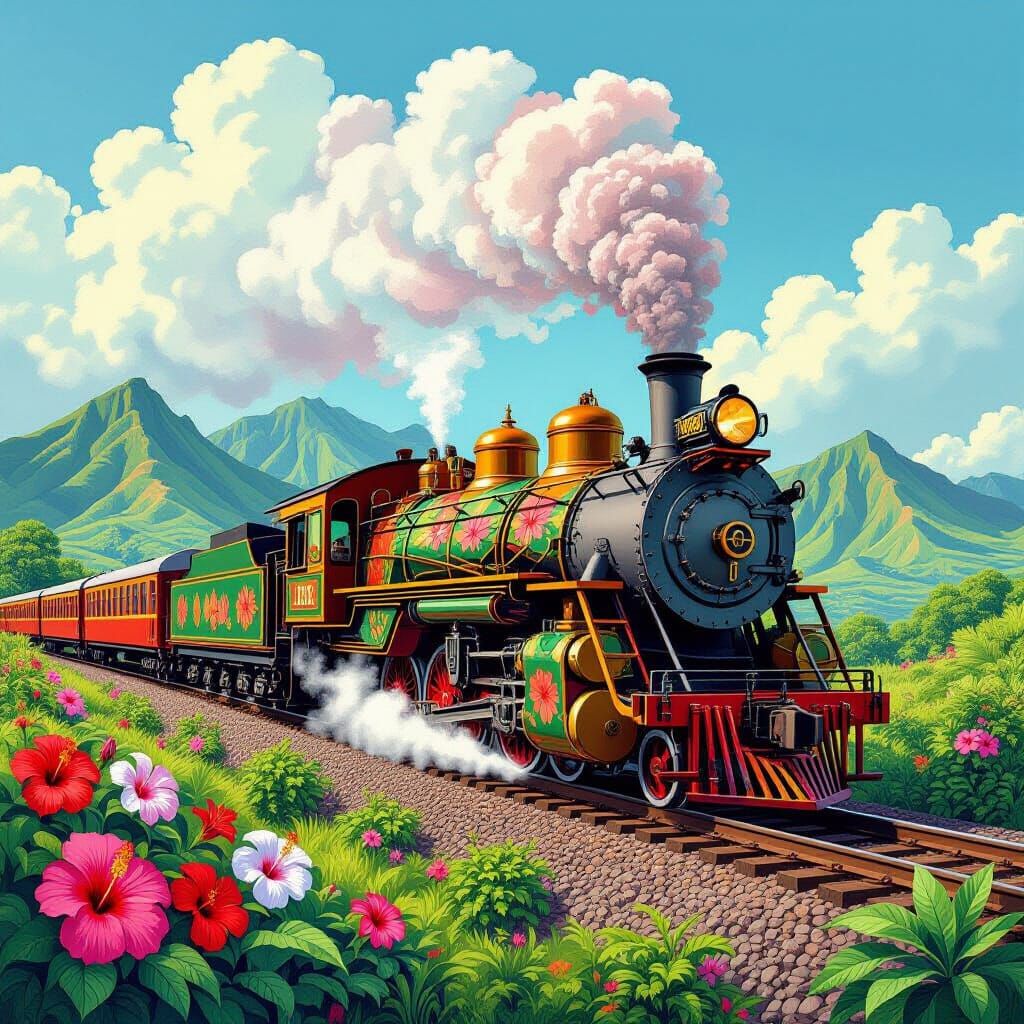 Steampunk Locomotive in Hawaiian Landscape, Oil and Watercol...