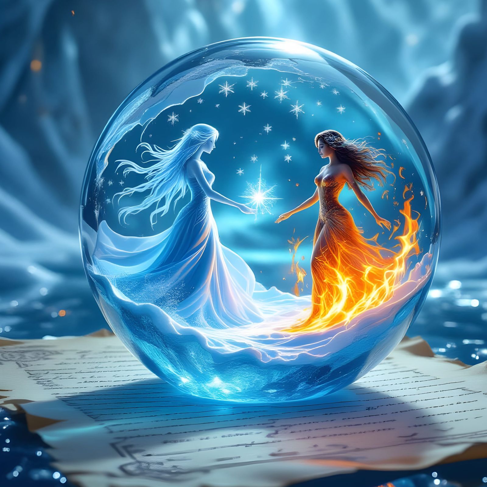 Fire and Water Spirits in Glass Sphere