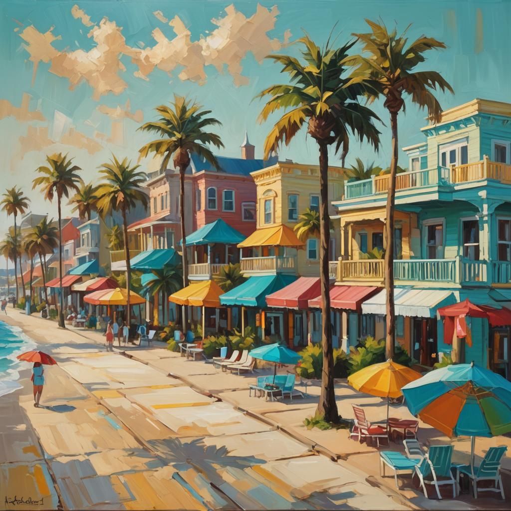 Classic Beach Town in Vibrant Oil Painting