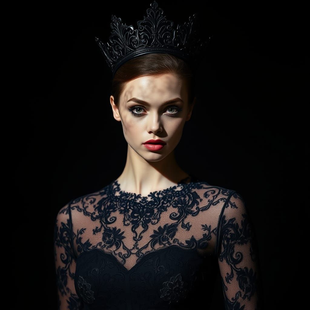 Woman in Black Lace Dress and Crown with Shadowed Face