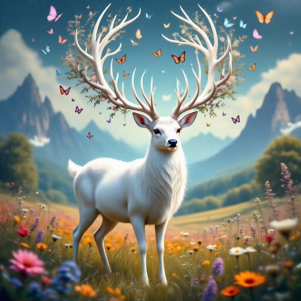Majestic White Deer with Butterflies in Mystical Landscape