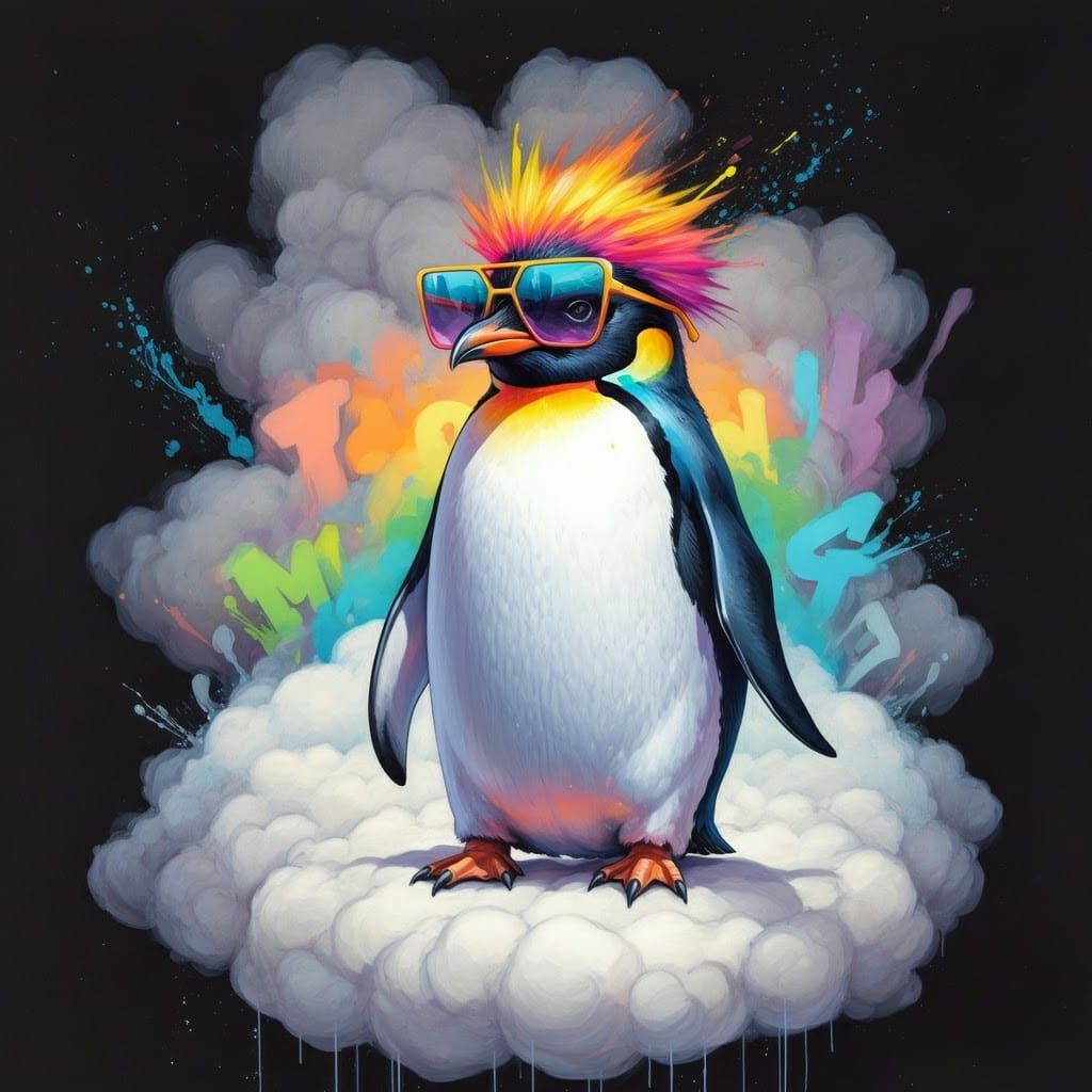 Rainbow Penguin's Graffiti Comeback on a Cloud