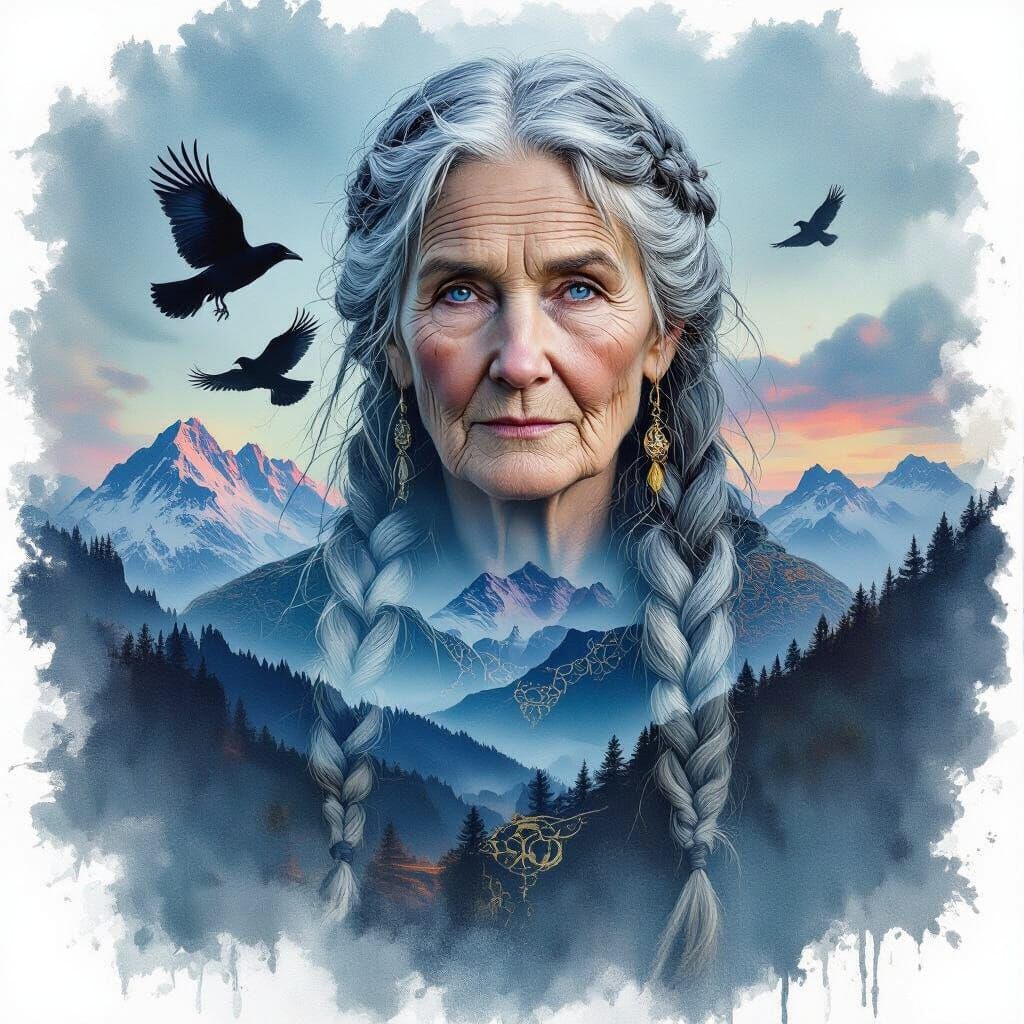 Celtic Elder Double Exposed with Ravens Over Nordic Mountain...